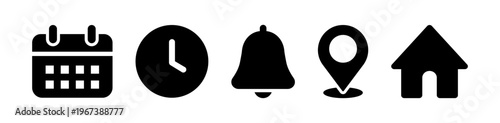Date, time, and address icon vector set. Flat black home, bell notification, clock, calendar, and location symbols, representing event reminder, meeting schedules, and appointments. PNG illustration.