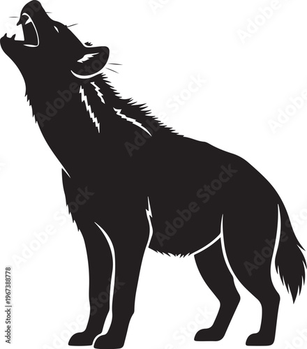 Black silhouette of a wolf howling upwards animal