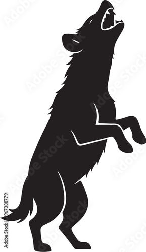 Black silhouette of a wolf standing on hind legs howling