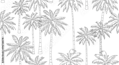 Seamless pattern of hand drawn palm trees creates a tropical and exotic atmosphere for summer theme backgrounds and wallpapers.