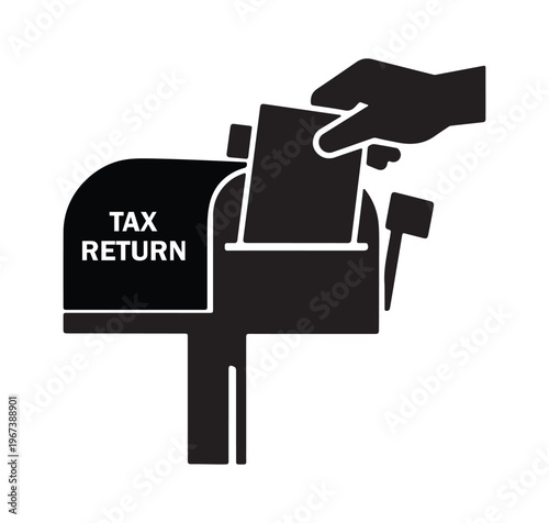 Hand placing tax return document into mailbox silhouette vector on white background for financial filing and tax season concept