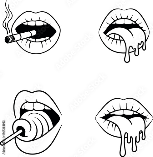 Lips with cigarette, honey, and dripping chocolate or honey