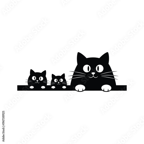 Three Adorable Black Kittens Peeking Over a Line - Vector Illustration