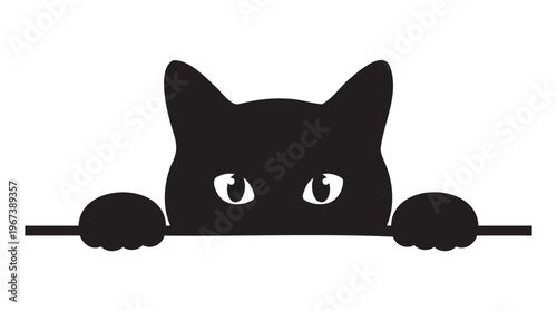 Adorable black cat silhouette design with bright, curious eyes peeking over a line, perfect for pet lover graphics and playful animal concepts