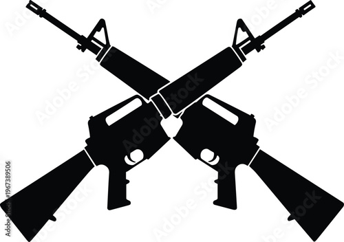 Crossed rifles silhouette, military weapon icon, gun symbol, army or war concept, tactical firearms illustration isolated on white background vector design