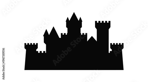 Elegant black silhouette of a majestic medieval castle, showcasing its towering turrets, fortified walls, and classic architectural design, ideal for historical or fantasy-themed projects
