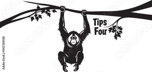 Black silhouette of gorilla hanging from tree branch with text