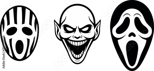 HORROR THEATER MASKS SET DRAMATIC BLACK WHITE VECTOR HALLOWEEN SCREAM FACES