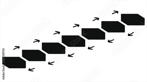 Workflow vector silhouette with step-by-step arrow flow, 7 stages business process diagram, abstract timeline blocks, linear progress chart, black isolated shapes, growth concept, linear progression, 