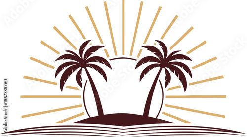 Silhouette of two palm trees on a hill at sunrise sun rays