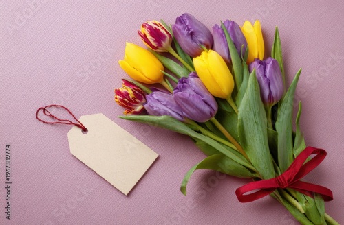 Tulips bouquet gift with tag on textured pink background
