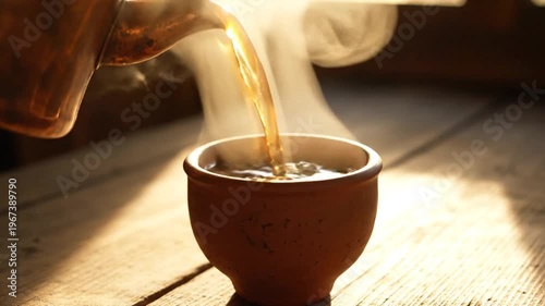 Steaming cup of tea being poured.