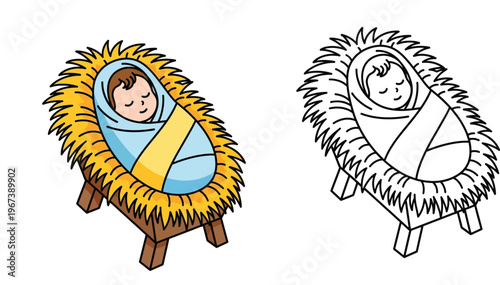 Cute baby Jesus sleeping in a manger. Colored illustration and black and white line art outline for coloring book. Christmas nativity scene vector.