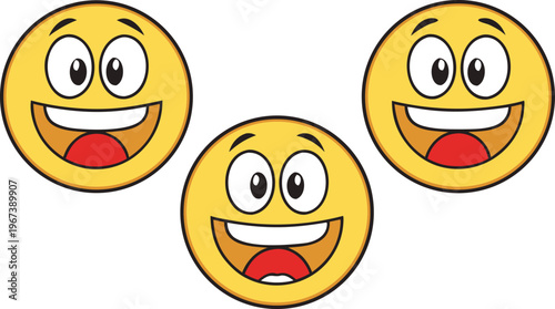 Yellow cartoon faces with exaggerated happy expressions emojis smiling