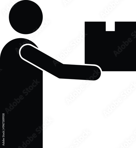 Delivery person holding package silhouette, courier service or parcel handover concept, logistics and shipping icon, black vector illustration isolated on white background