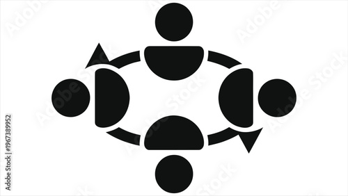 Team Collaboration Workflow Silhouette Icon with Connected People and Circular Arrows for Business, Communication, Project Management, Leadership, Coordination and Organization Planning Vector Graphic
