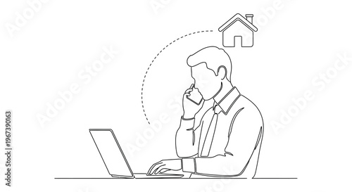Man thoughtfully working on a laptop dreaming of a house