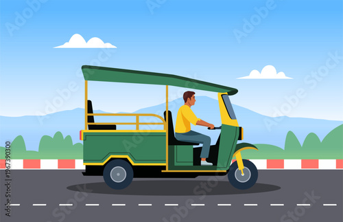  Man riding a Tuk Tuk on road. Asian tuk tuk rickshaw car. Vector stock