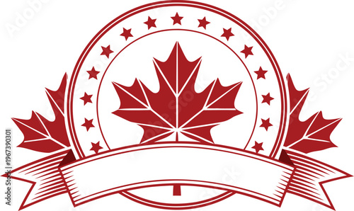 Red canadian holiday label with maple leaves and ribbon maple leaf