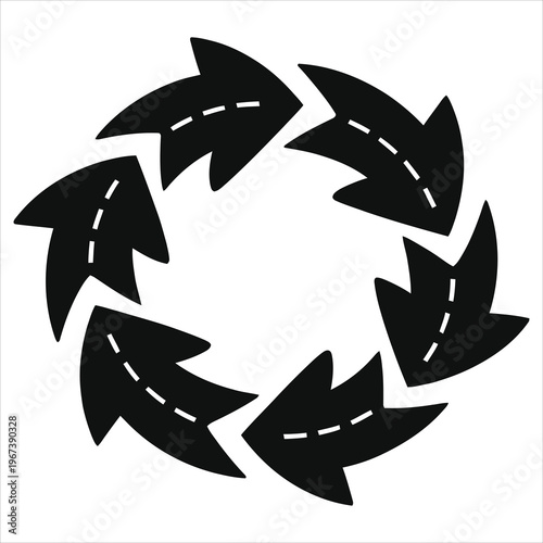 Agile Sprint Workflow Cycle vector silhouette, black circular arrows representing continuous business process, iteration, project management loop, and agile methodology concept on white background.