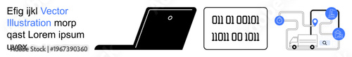 Data transmission, cybersecurity, digital services, technology, logistics, coding. Minimalist ion of a laptop, binary code and a logistics diagram. Data transmission and digital services concepts