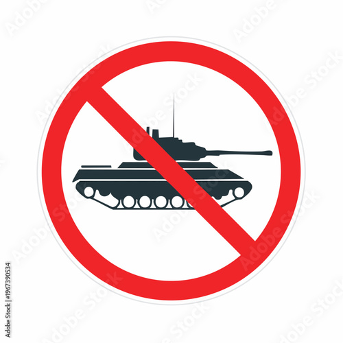 No tanks allowed symbol, prohibition sign with a tank inside a red circle with a diagonal line