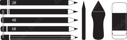 Black tools on white background pencils sketching supplies