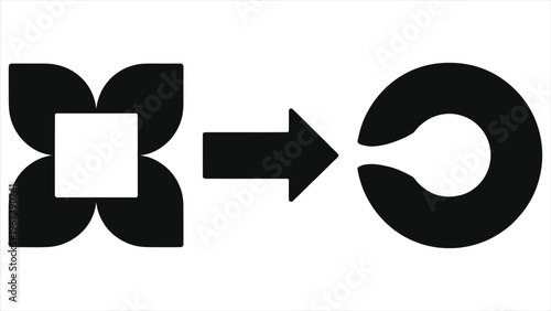 Vector silhouette icon of workflow transformation showing input to output process flow with abstract shapes converting into a circular symbol via arrow, minimalist flat design isolated on white 