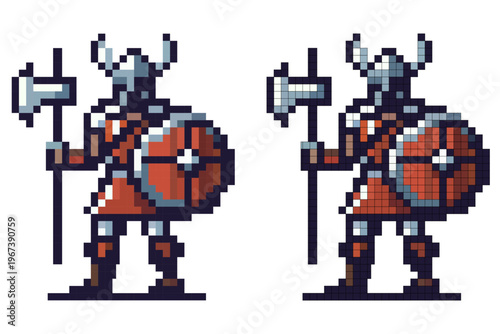Pixel art character Viking warrior wearing a horned helmet, red armor, holding a large axe and a round shield, standing on a white background.