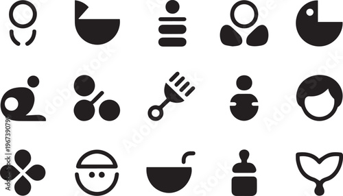 Abstract minimalist baby and nursery themed icon collection featuring silhouettes of strollers toys bottles and simplified human profiles