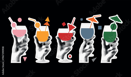 Modern vibrant cocktail drink collage featuring colorful abstract beverages held by artistic hands in a unique creative hand-drawn vector illustration doodle art or icon set
