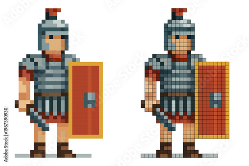 Pixel art character Roman legionary wearing a silver helmet with a red plume, segmented armor, holding a short sword and a rectangular shield, standing on a white background.