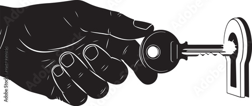 Hand holding key inserting into lock black and white