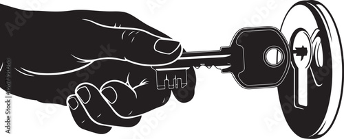 Hand holding key inserting into lock black white
