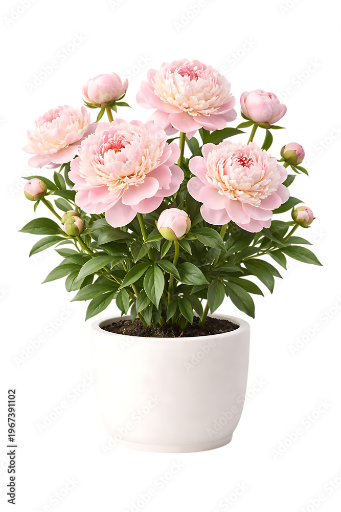 Fototapeta premium Pink peonies in a white pot with green leaves and buds flowers transparent background