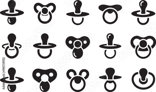 Fifteen different baby pacifiers or soothers in various shapes and designs on a clean white background, black icons