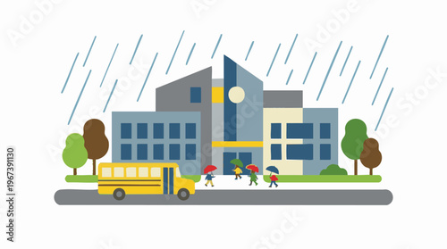 School building with students and a bus in the rain, flat illustration