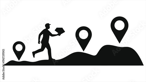 Black vector silhouette timeline with location pins marking milestone checkpoints on a winding path, representing workflow, roadmap, or business strategy.