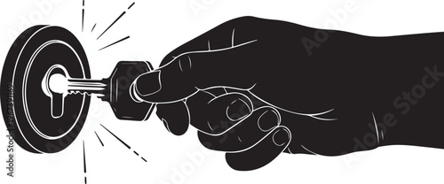 Hand inserting key into lock black white
