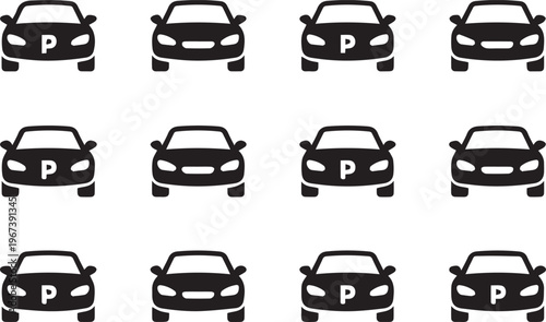 Set of front view black car icons featuring parking signs indicating availability or reserved space for vehicles