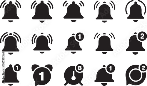 Set of minimalist black bell notification icons featuring various alert styles ringing symbols and numerical badges on white background