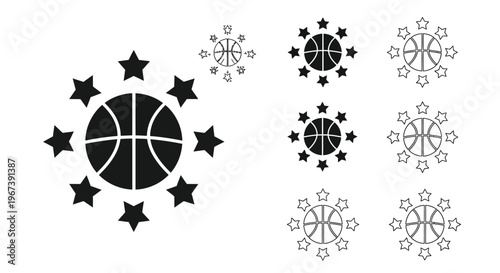 Black and white illustration of basketballs surrounded by stars in various arrangements