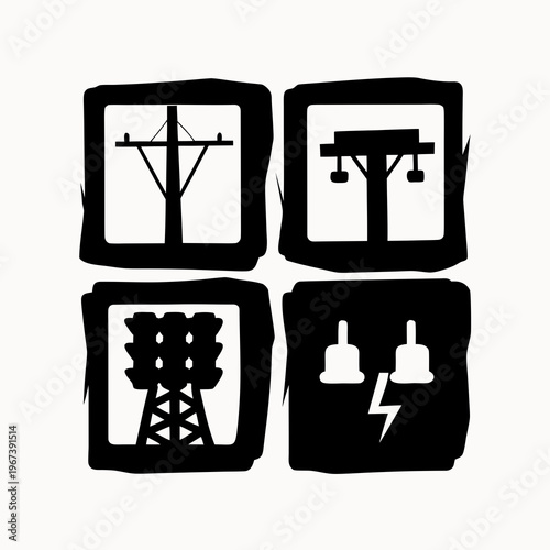 A set of four black and white vector icons depicting various electrical power transmission and distribution symbols