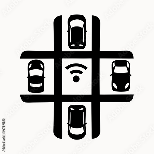 A vector graphic illustration of a Wi-Fi connected car system with four cars in a grid