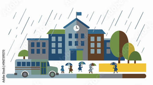 Rainy day at school with children walking with umbrellas illustration
