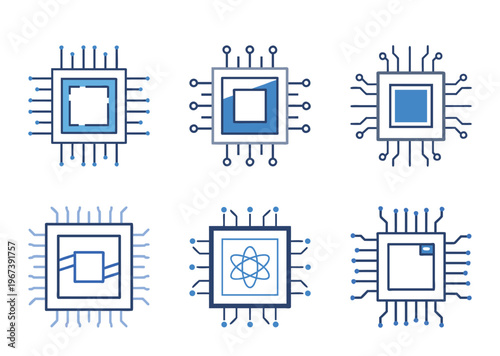 Collection of stylized blue computer microchips, vector graphics for technology industry