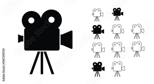 Black and white illustrations of vintage film cameras on a white background