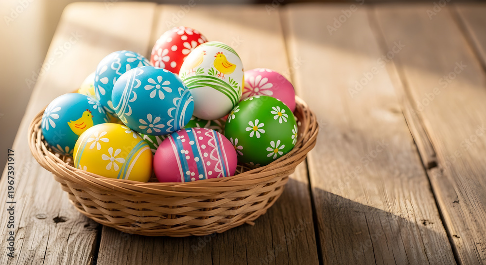 Fototapeta premium Colorful hand-painted Easter eggs in wicker basket, festive holiday decoration on rustic wooden table, bright spring celebration still life