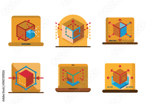Set of vector icons representing 3D modeling and design software tools