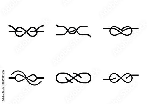 Six Black Rope Knots Displayed Against White Background Depicting Tying Examples